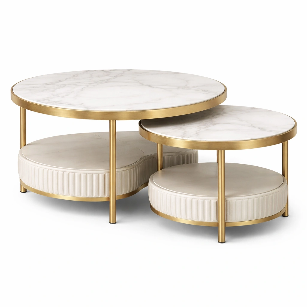 Couchtisch Set Rund Weiss Gold Marmor Optik 2 Tische Wohnzimmer