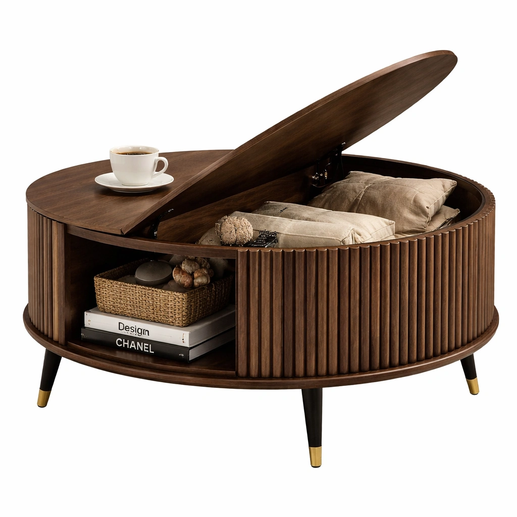 Couchtisch Rund Holz Braun mit Stauraum Retro Design Wohnzimmer Tisch