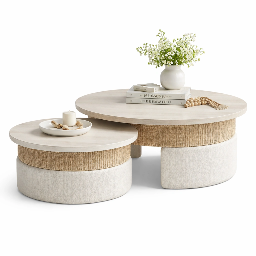 Couchtisch Set Rund Beige Stoff Holz 2 Tische Modern Wohnzimmer