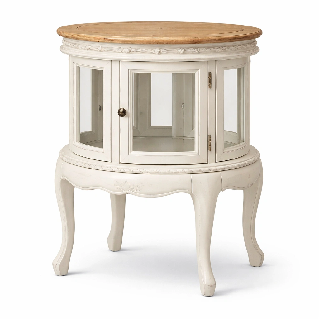 Vitrine Rund Holz Weiss Glas Tueren Retro Stil Aufbewahrungsschrank