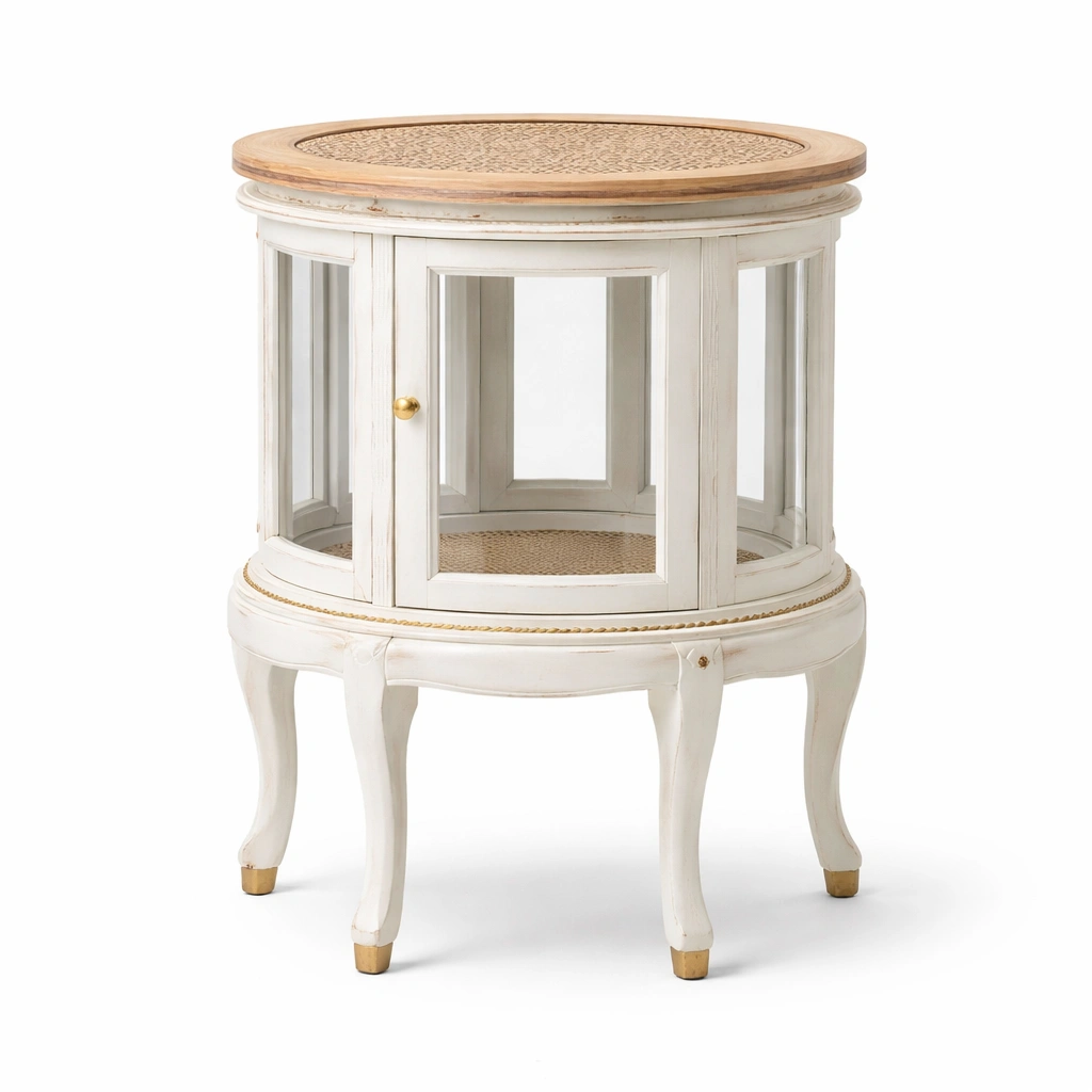 Vitrine Rund Weiss Holz Rattan Glas Retro Aufbewahrungsschrank