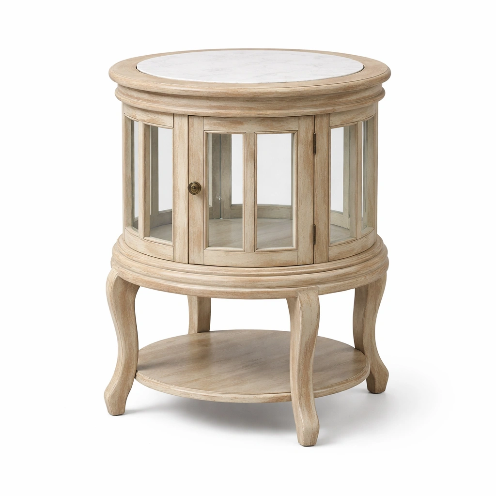 Vitrine Rund Beige Holz Glas Tueren Klassisch Aufbewahrungsschrank