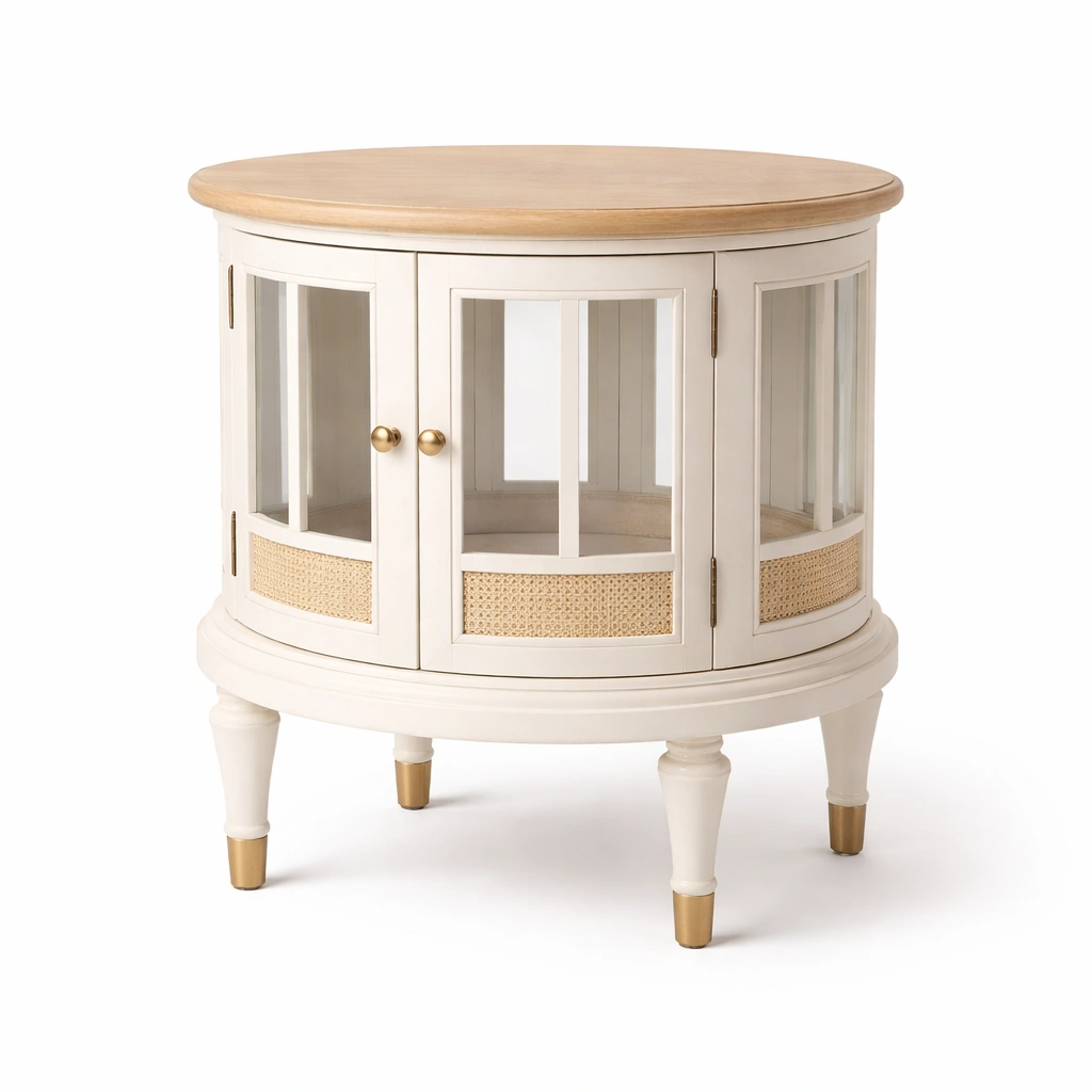 Vitrine Rund Weiss Glas Tueren mit Rattan Modern Aufbewahrungsschrank