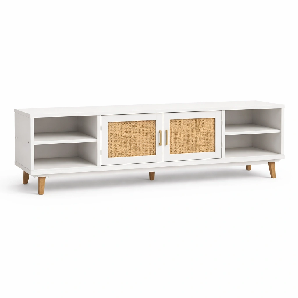 TV Lowboard Holz Weiss Rattan Modern Sideboard Wohnzimmer Schrank
