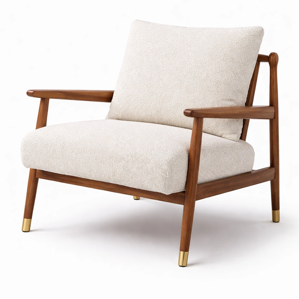 Sessel Holz Braun Stoff Beige Retro Polstersessel Wohnzimmer