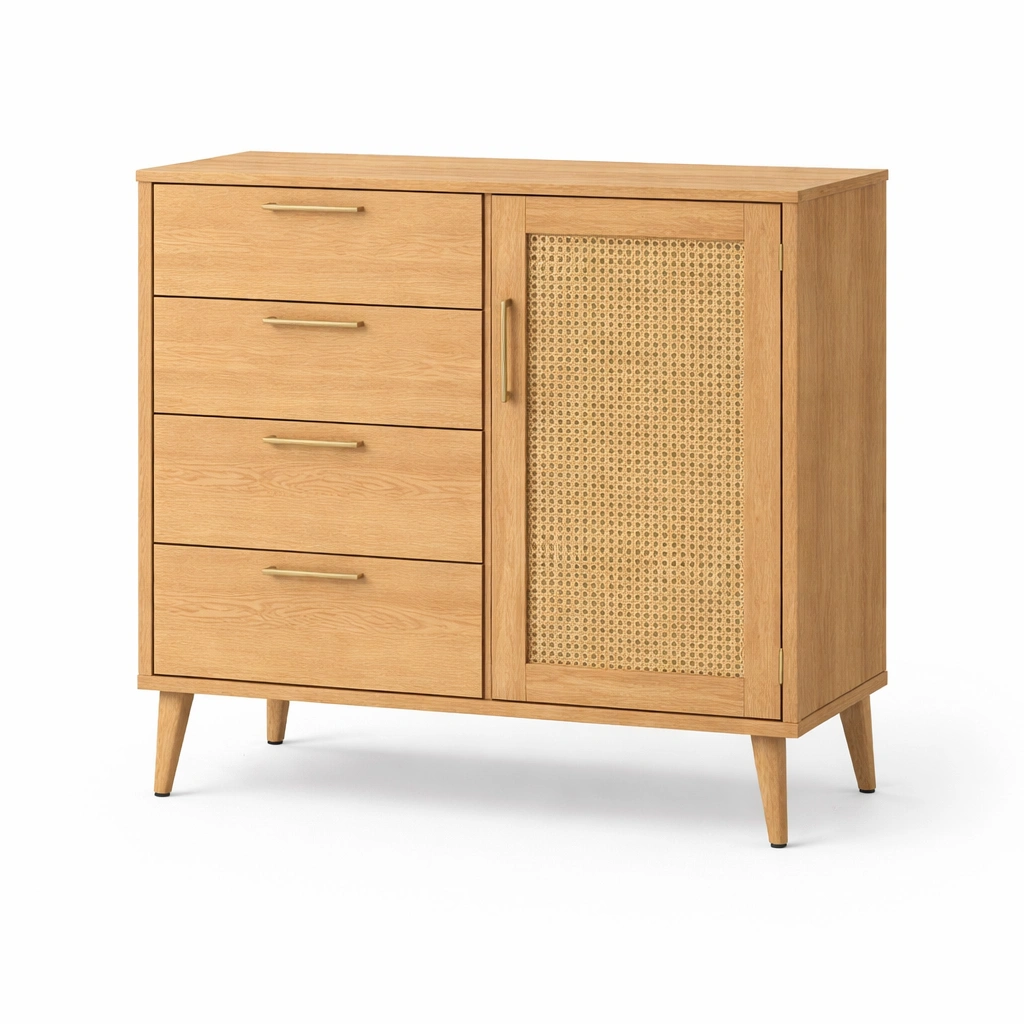 Kommode Holz Natur mit Schubladen und Rattan Tuer Wohnzimmer Schrank