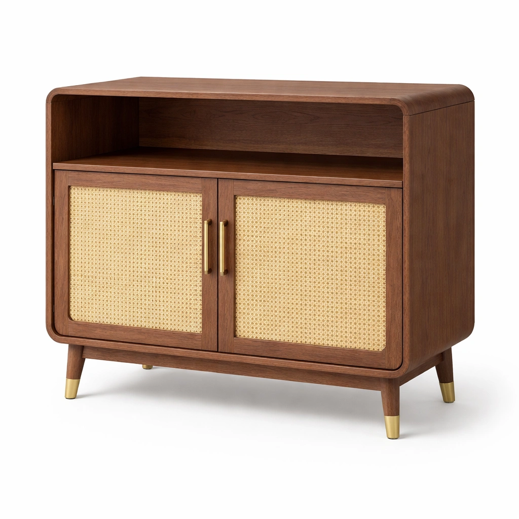 Sideboard Holz Braun Rattan Tueren Retro Wohnzimmer Schrank