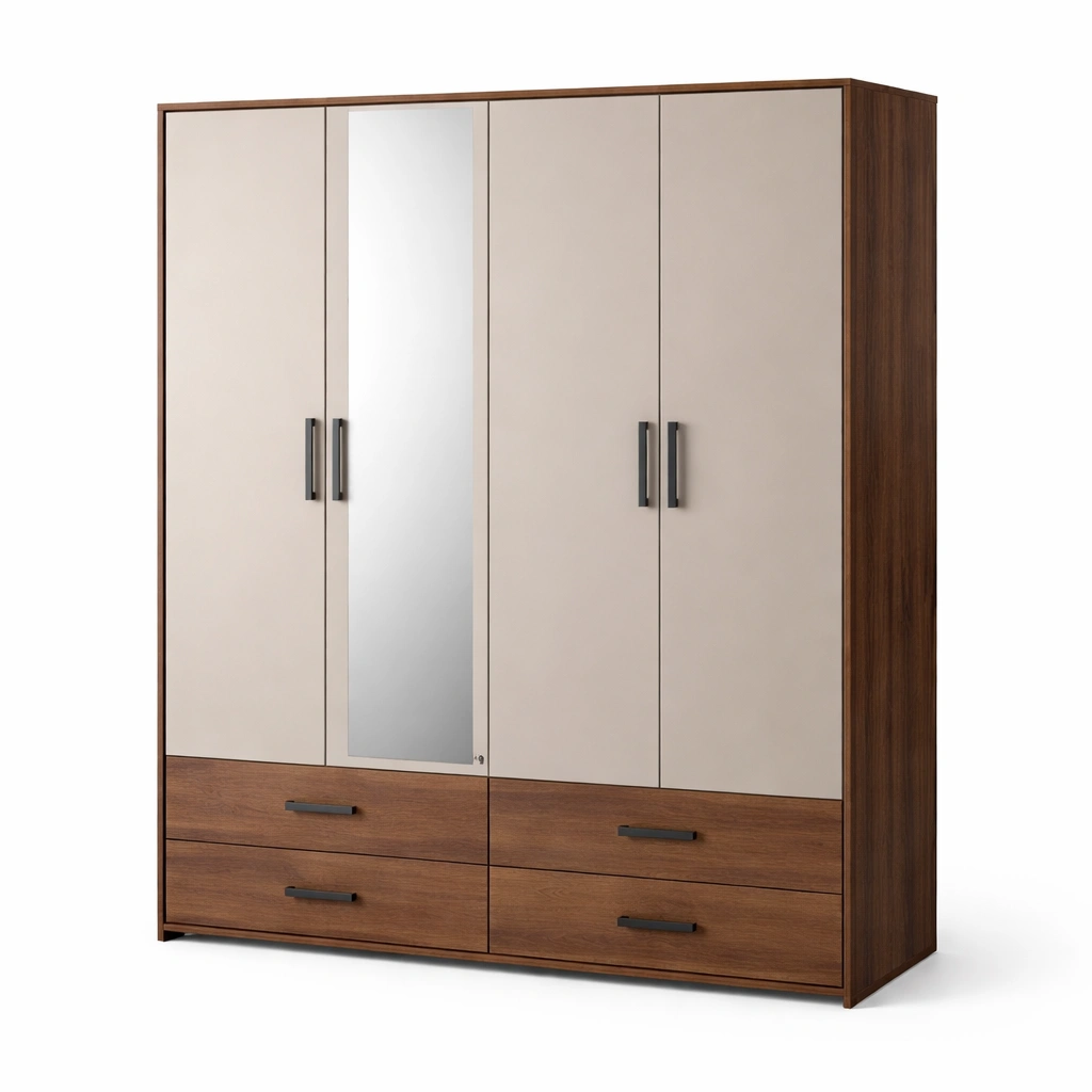 Kleiderschrank Holz Beige Braun mit Spiegel und Schubladen Schlafzimmer