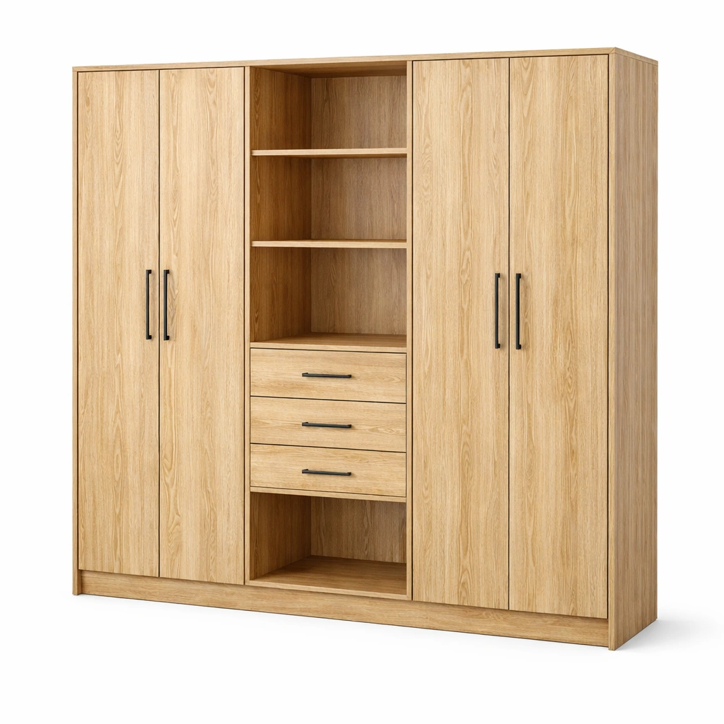 Kleiderschrank Holz Natur Gross mit offenen Faecher und Schubladen