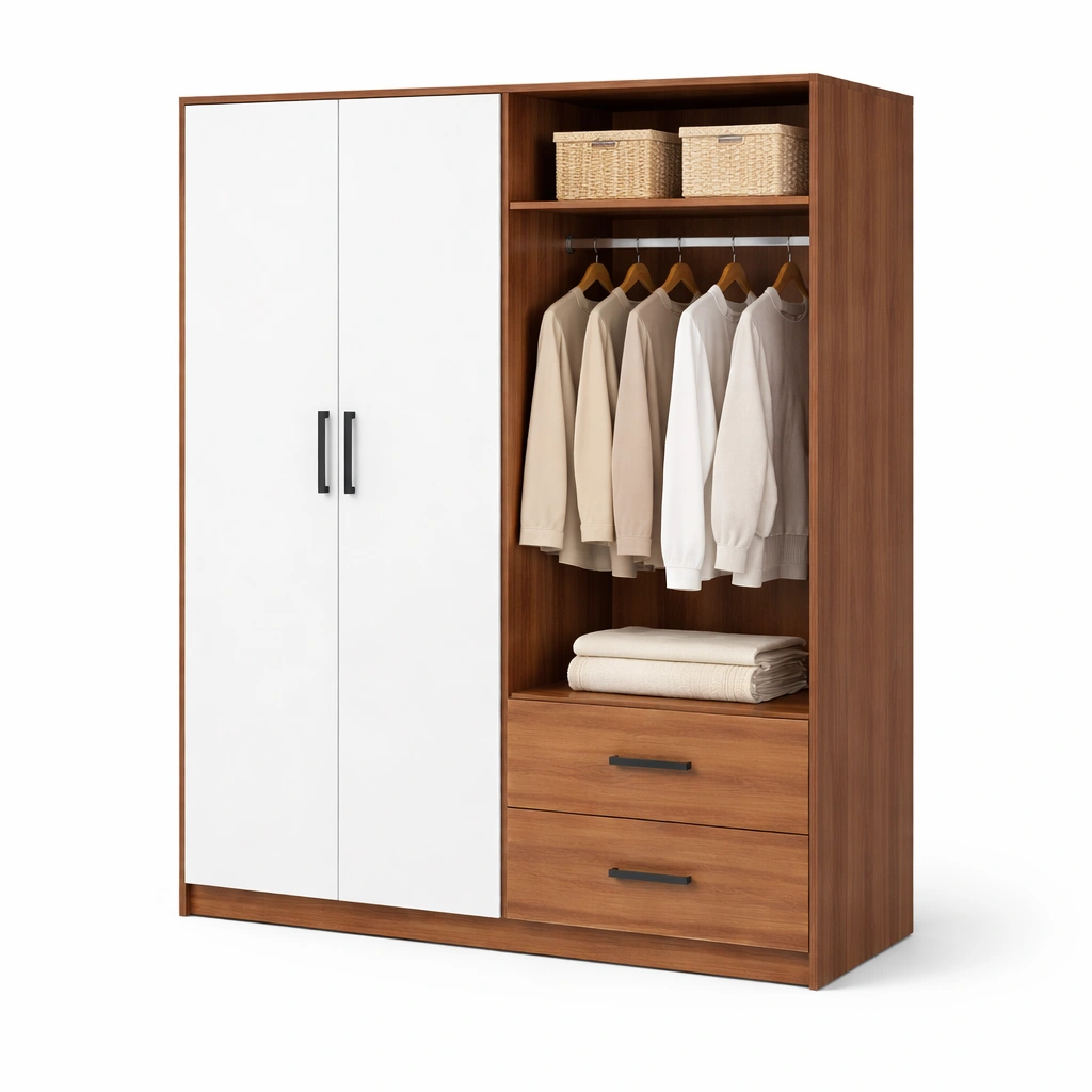 Kleiderschrank Holz Braun Weiss mit Kleiderstange und Schubladen