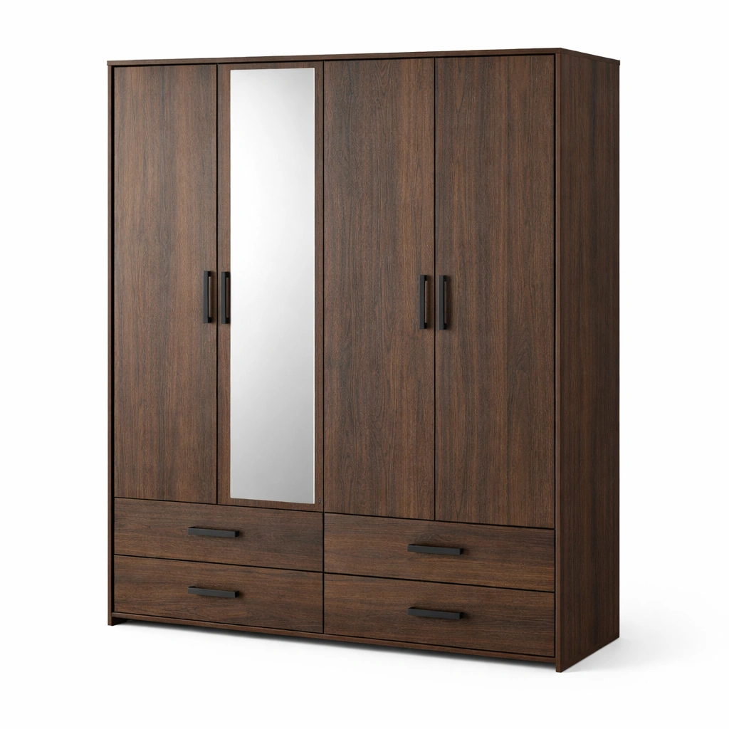Kleiderschrank Holz Dunkelbraun mit Spiegel und Schubladen Gross