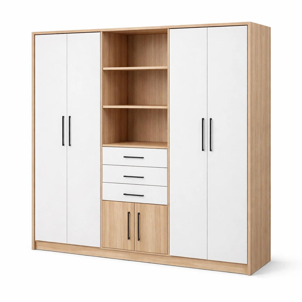 Kleiderschrank Holz Natur Weiss mit offenen Fach und Schubladen