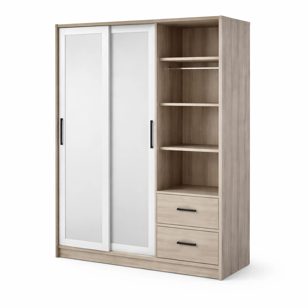 Kleiderschrank Holz Hellbeige Weiss mit Schiebetueren und Schubladen