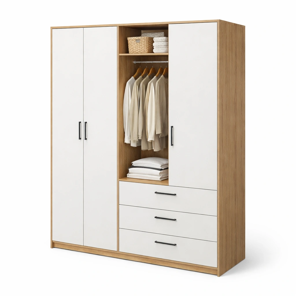 Kleiderschrank Holz Natur Weiss mit Kleiderstange und Stauraum