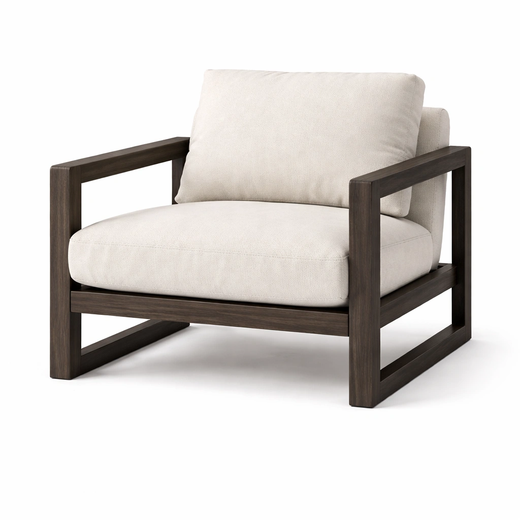 Sillon madera oscura con cojin beige estilo minimalista-Norixu