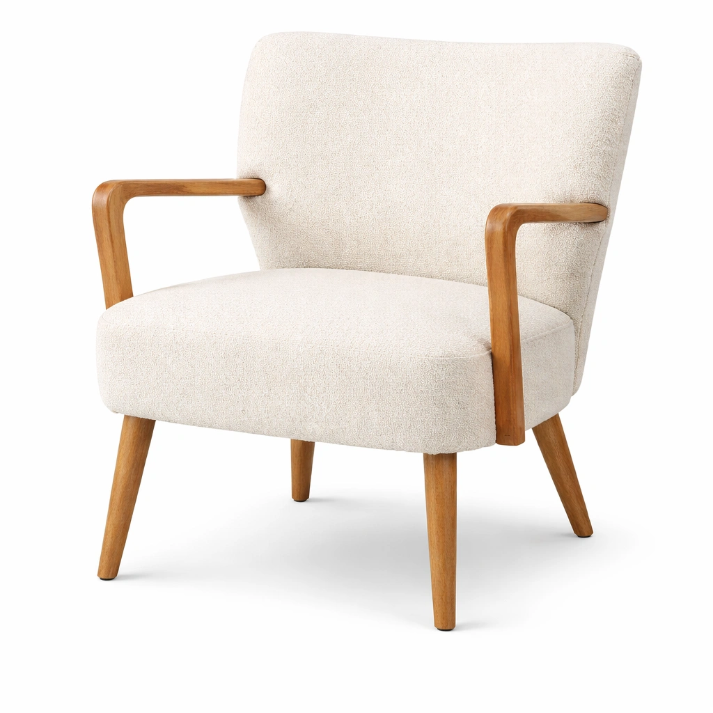 Sillon tapizado crema con brazos madera diseno moderno-Norixu
