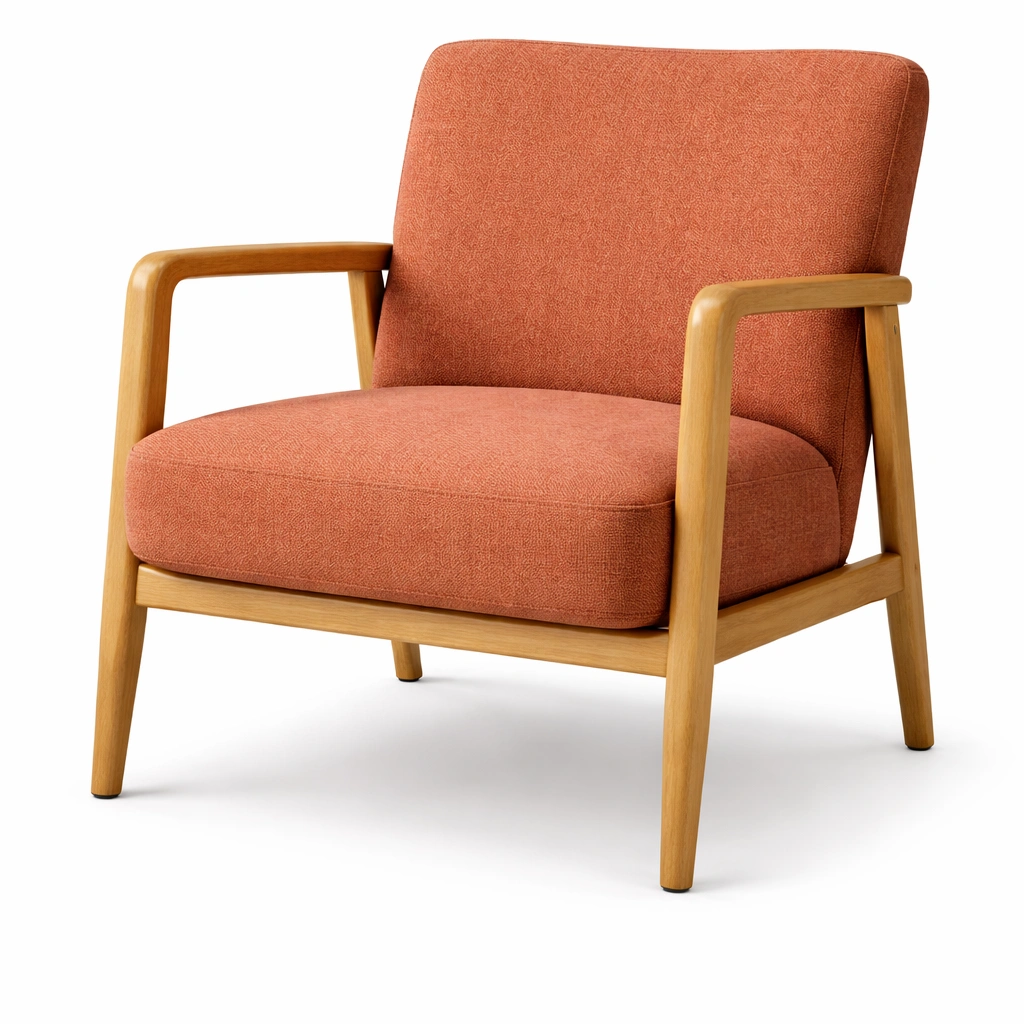 Sillon tapizado naranja con brazos madera moderno-Norixu