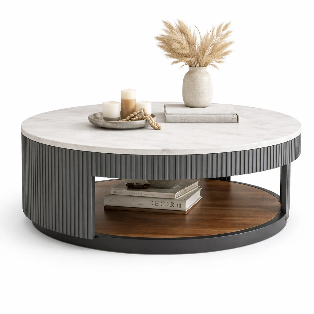 Mesa centro redonda gris con almacenaje moderno elegante-Norixu