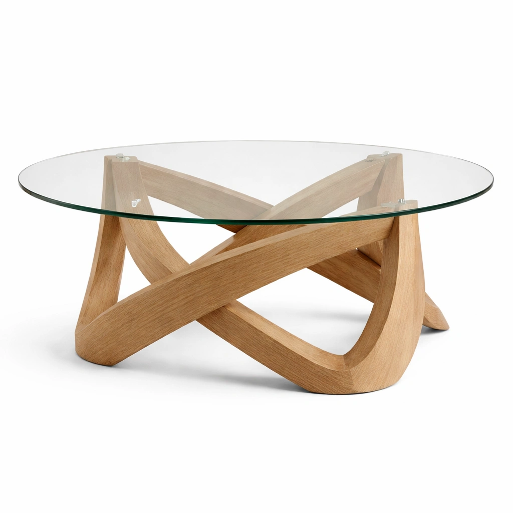 Mesa centro cristal y madera natural diseno moderno-Norixu