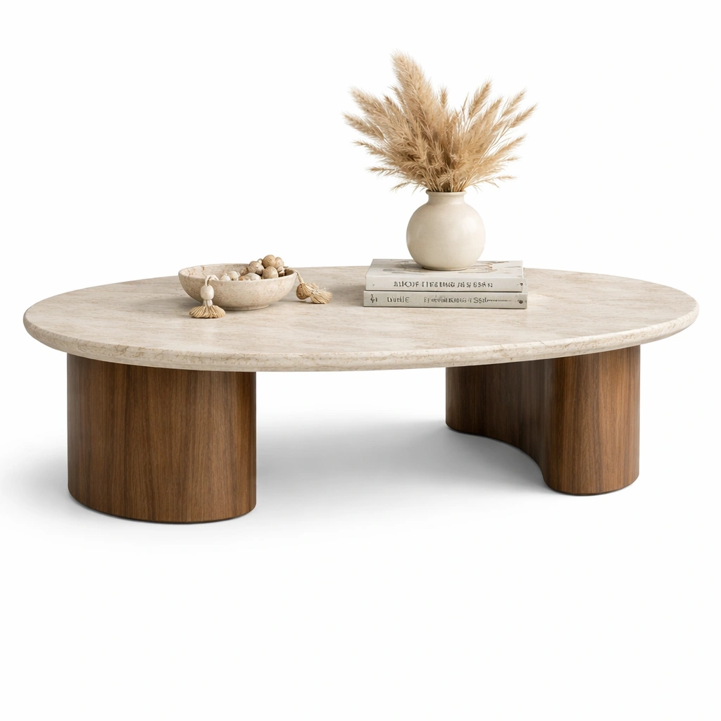 Mesa centro ovalada piedra y madera estilo moderno-Norixu