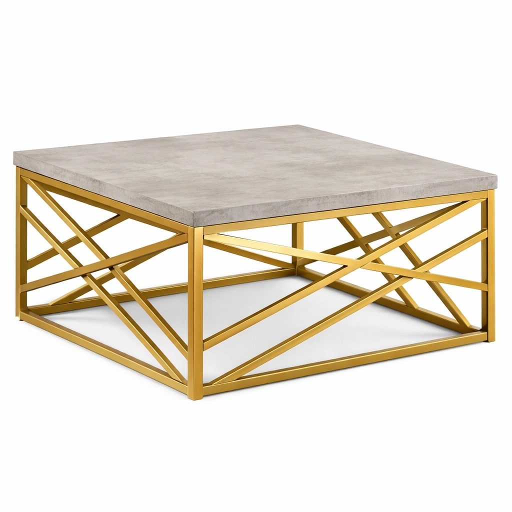 Mesa centro cuadrada gris con base metal dorado lujo-Norixu