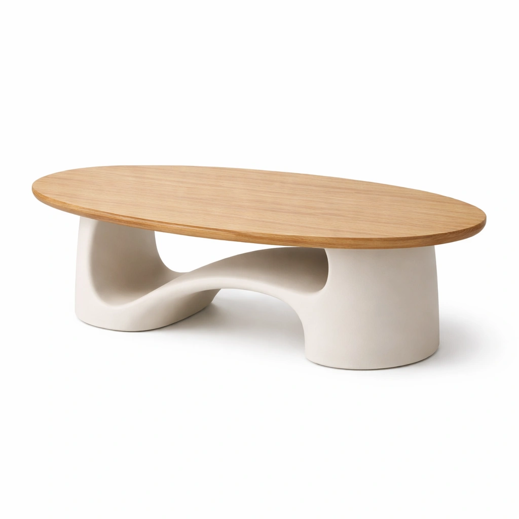 Mesa centro organica madera y base blanca diseno unico-Norixu