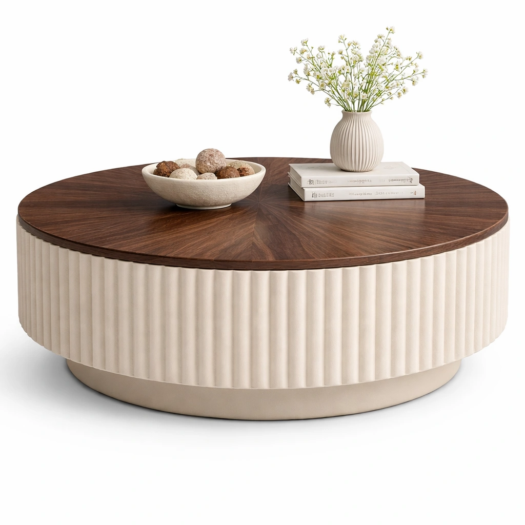 Mesa centro redonda madera oscura y base crema elegante-Norixu