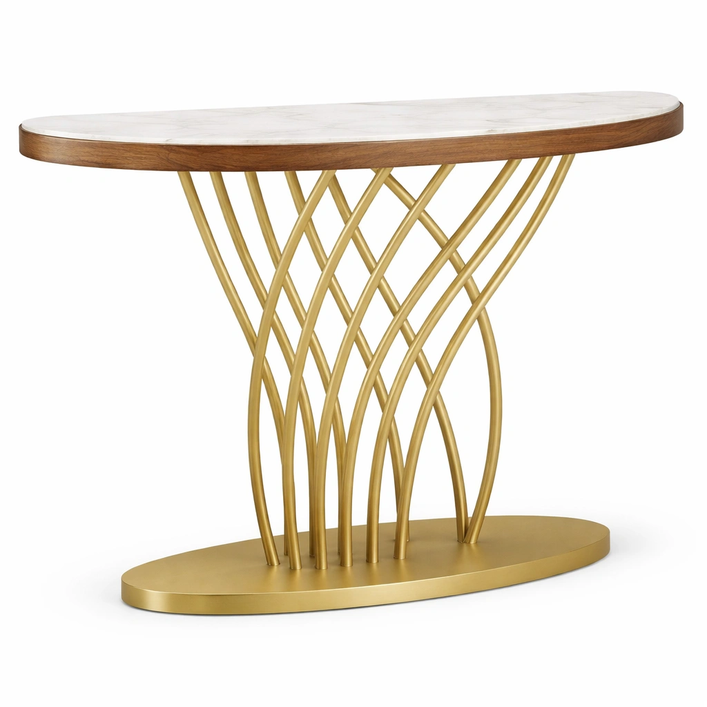 Mesa consola moderna metal dorado y tapa marmol blanco-Norixu