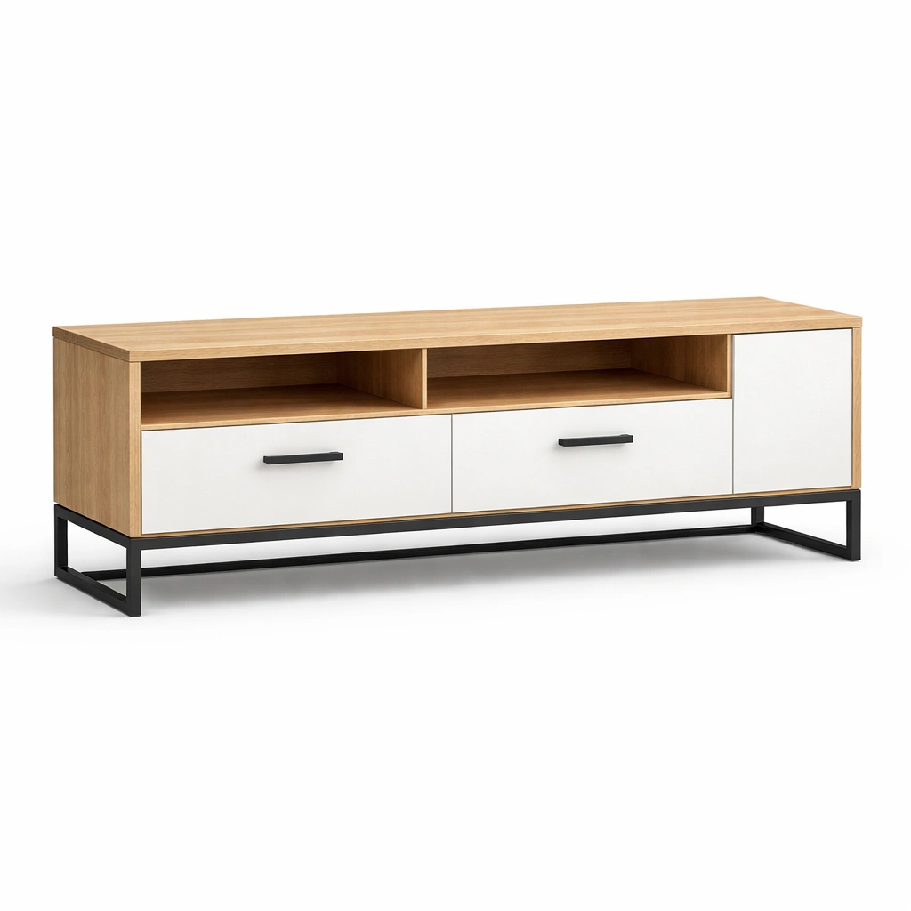 Mueble TV madera clara y blanco con cajones estilo moderno-Norixu