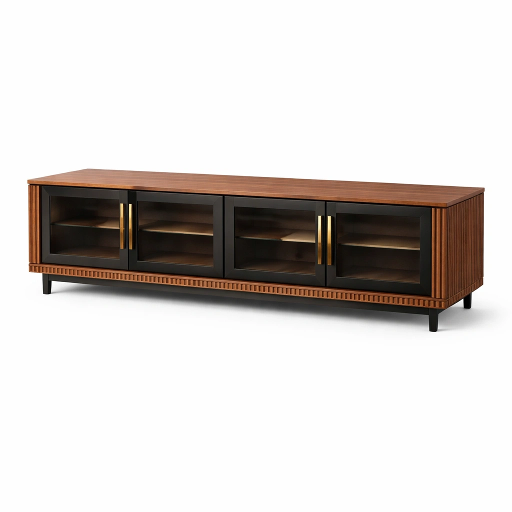 Mueble TV madera y negro con vitrinas vidrio diseno premium-Norixu