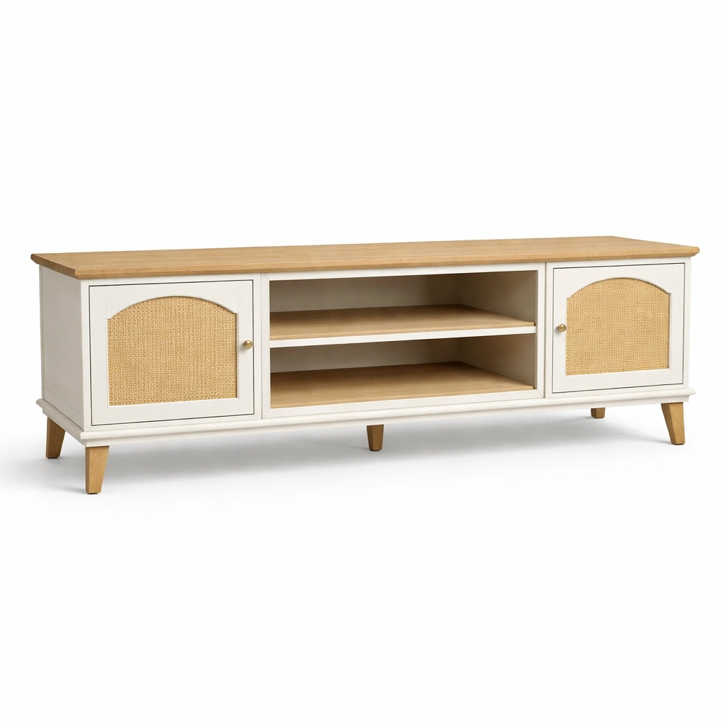 Mueble TV blanco con puertas rejilla estilo nordico-Norixu