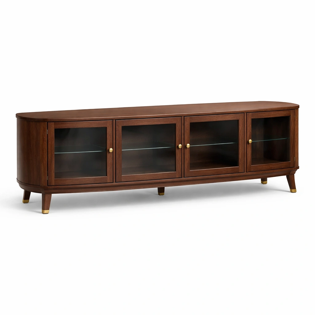 Mueble TV madera oscura con vitrinas vidrio elegante-Norixu