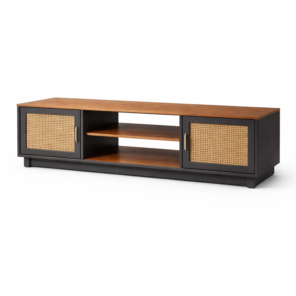 Mueble TV negro y madera con puertas rejilla estilo moderno-Norixu