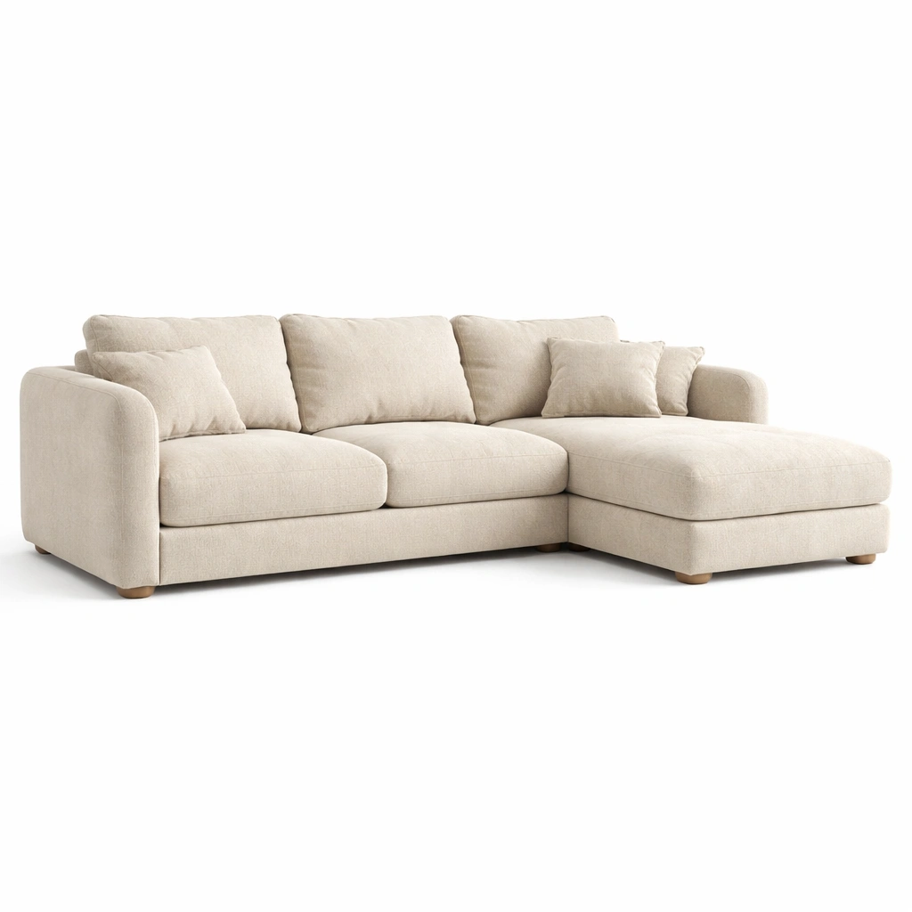 Sofa chaise longue tela beige con cojines estilo contemporaneo-Norixu