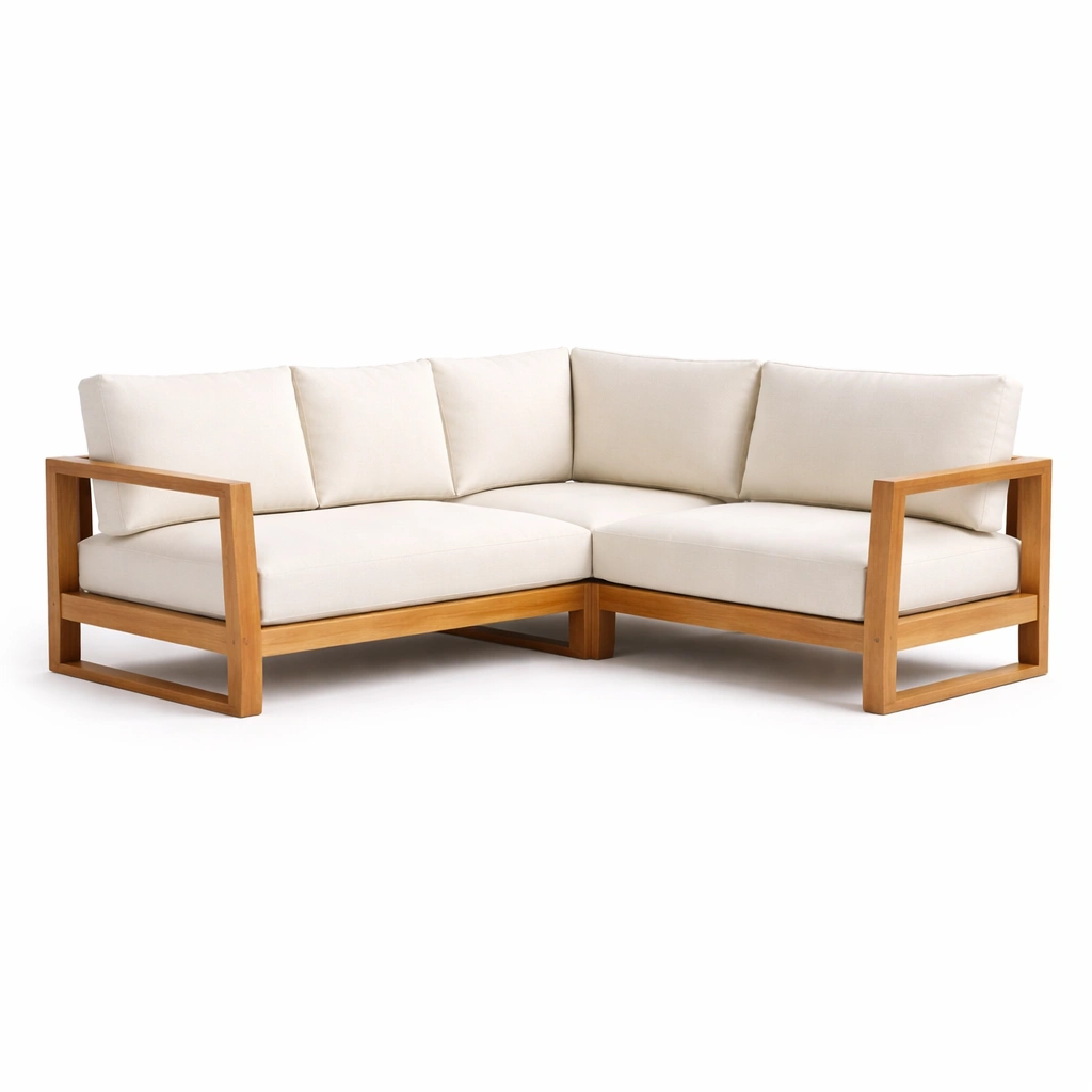Sofa esquina madera y tela beige estilo minimalista-Norixu