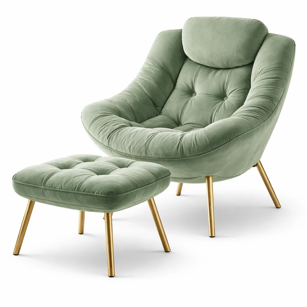 Sofa con reposapies tela verde y patas metal estilo moderno-Norixu