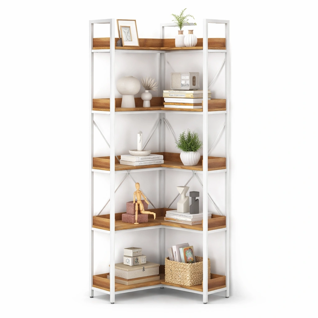 Estanteria de esquina madera y metal blanco 5 niveles estilo moderno-Norixu