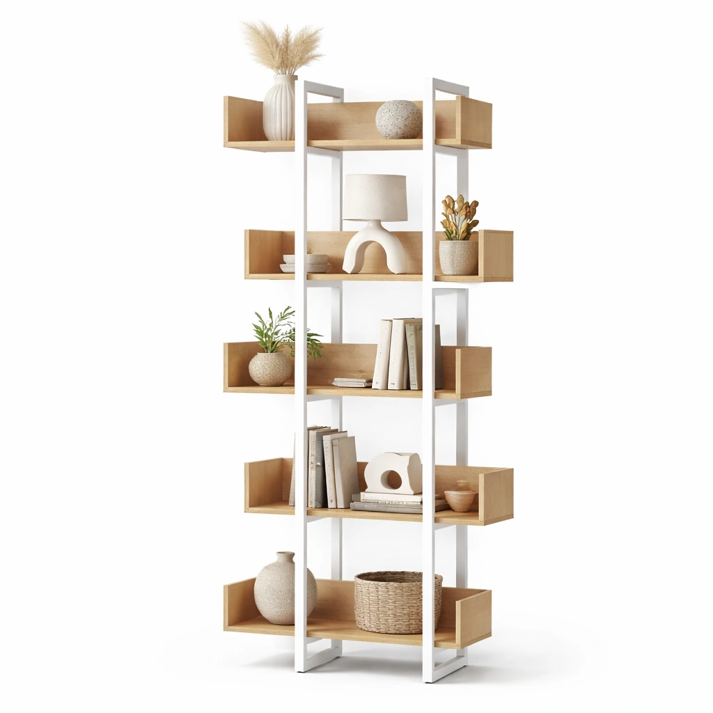 Estanteria decorativa madera y metal blanco con compartimentos-Norixu