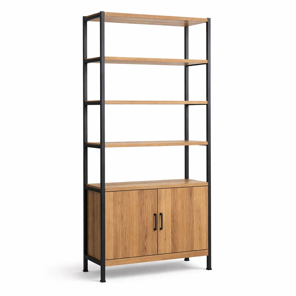 Estanteria industrial madera y metal negro con armario inferior-Norixu