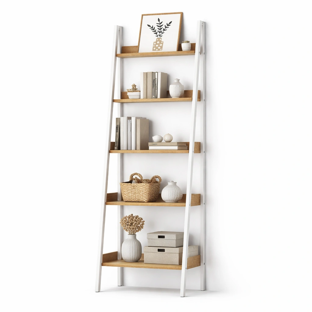 Estanteria escalera madera y metal blanco 5 estantes moderna-Norixu