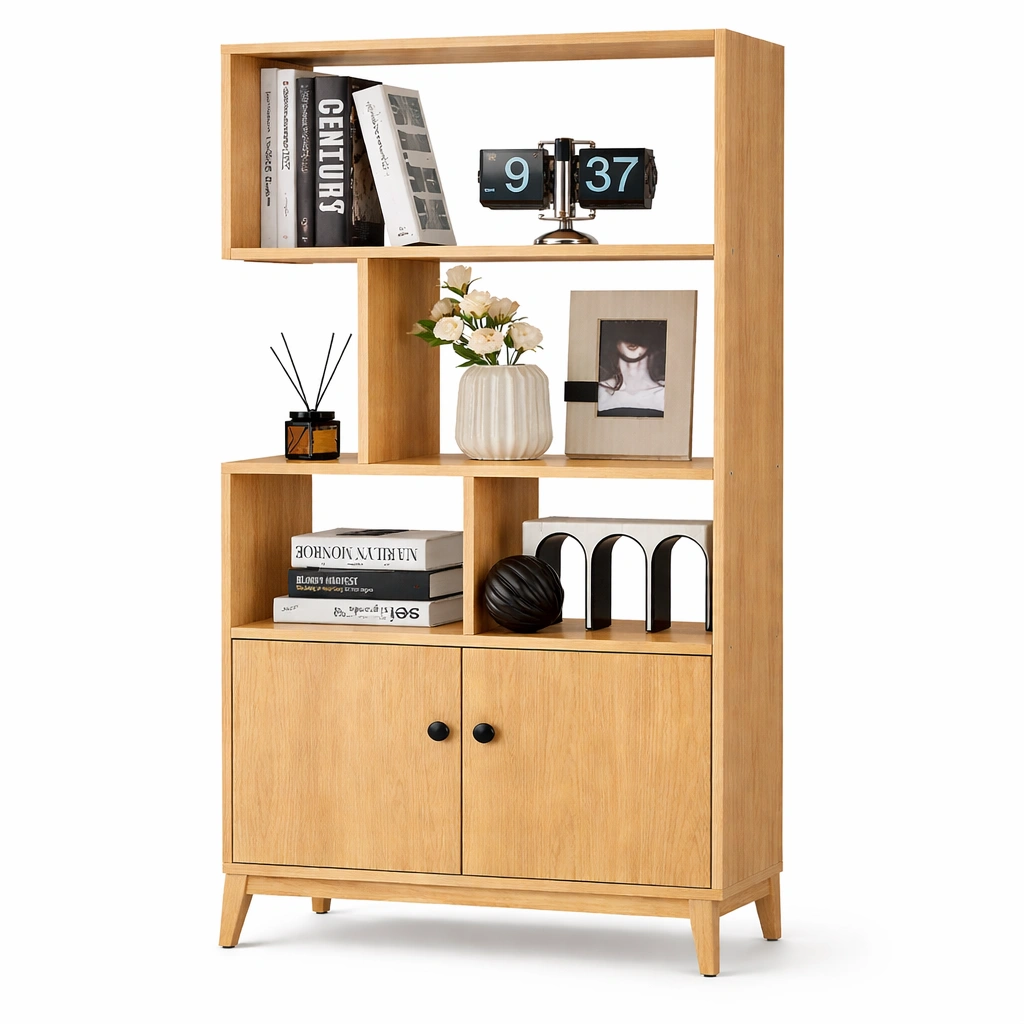 Estanteria madera con armario 3 niveles estilo nordico-Norixu