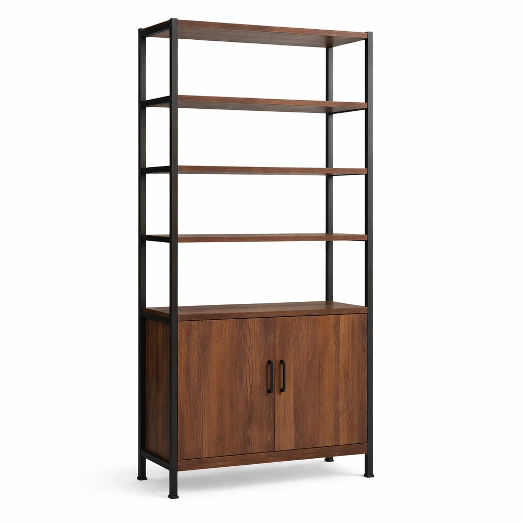 Estanteria industrial madera y metal negro con armario-Norixu