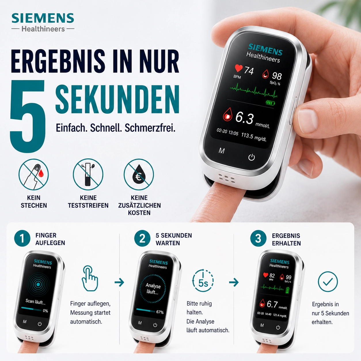 🩸 Siemens™ 11-in-1 Stichfreies Blutzuckermessgerät Ohne Stechen • Keine Teststreifen • Ergebnisse in nur 5 Sekunden