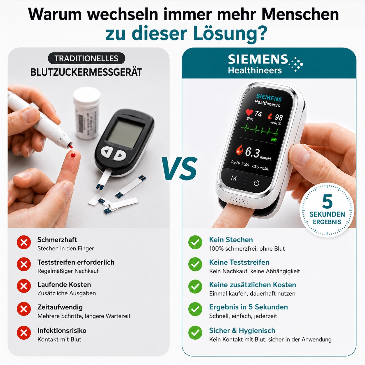 🩸 Siemens™ 11-in-1 Stichfreies Blutzuckermessgerät Ohne Stechen • Keine Teststreifen • Ergebnisse in nur 5 Sekunden