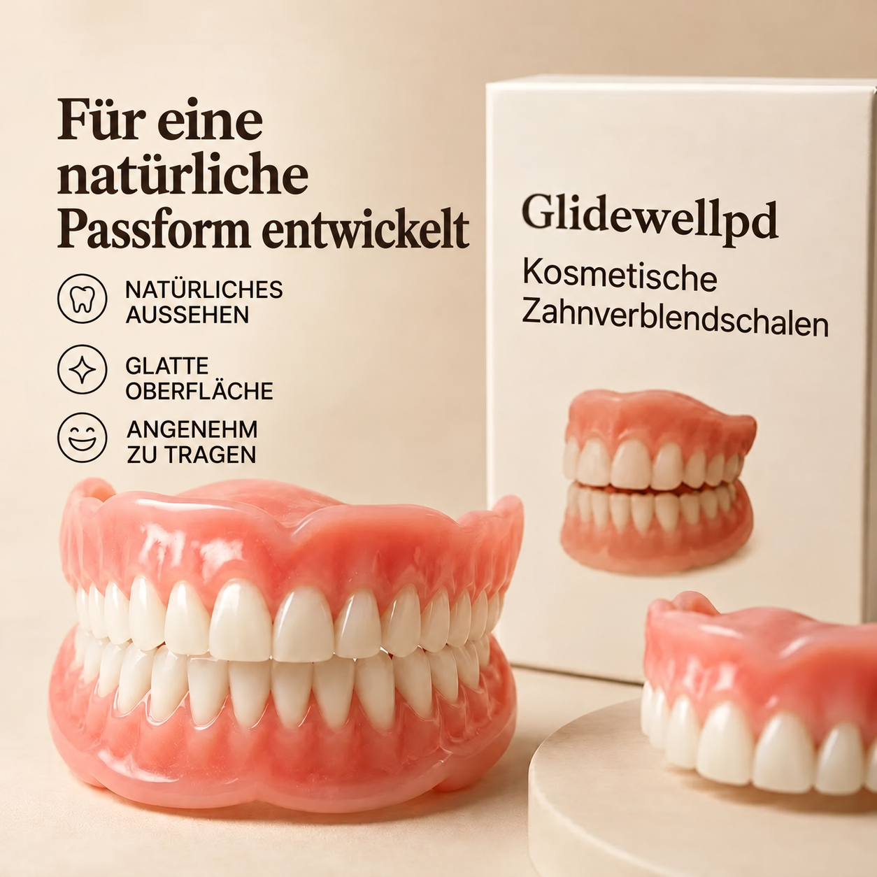 Bequemer, einteiliger, herausnehmbarer Zahnersatz, der passgenau sitzt und leicht zu reinigen ist.