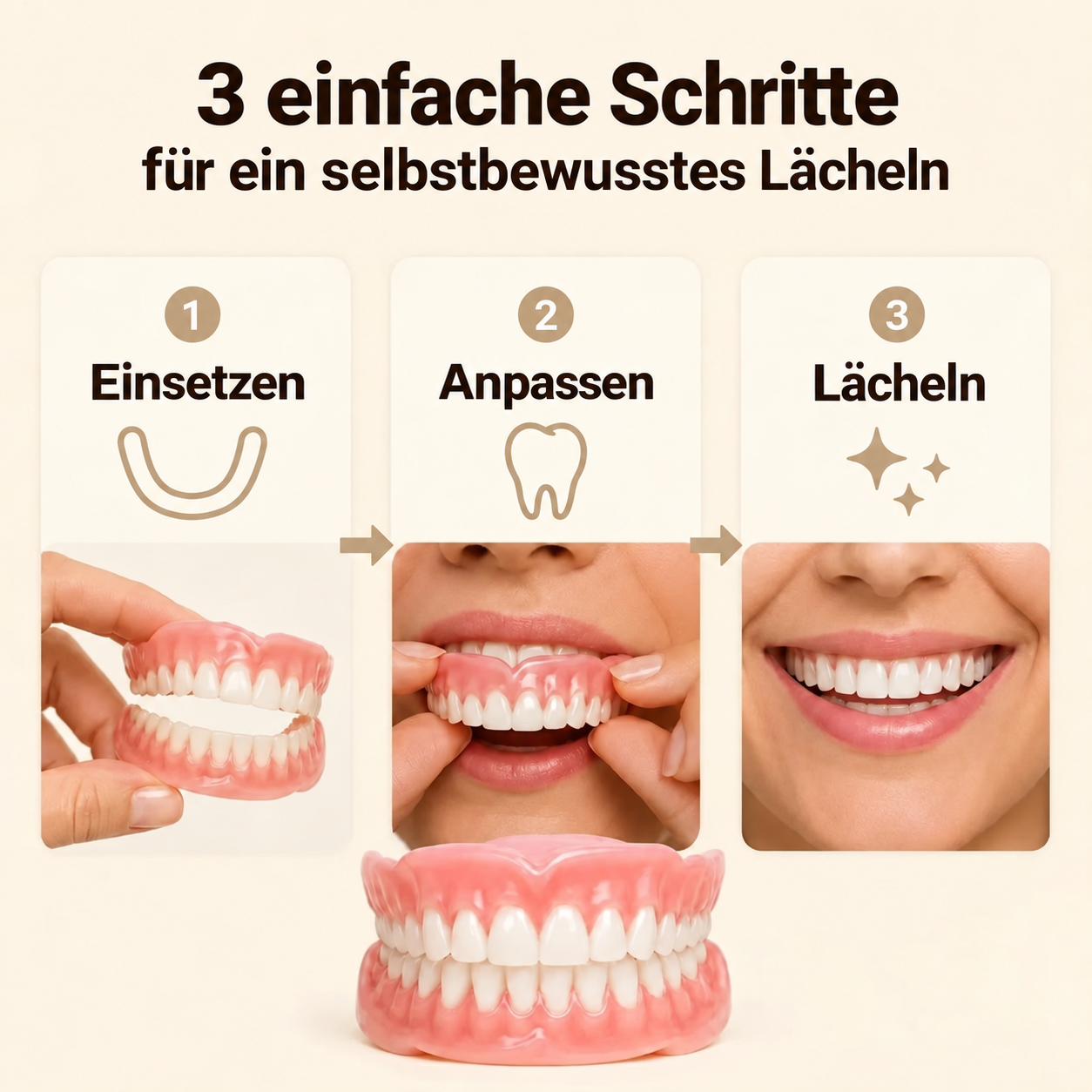 Bequemer, einteiliger, herausnehmbarer Zahnersatz, der passgenau sitzt und leicht zu reinigen ist.