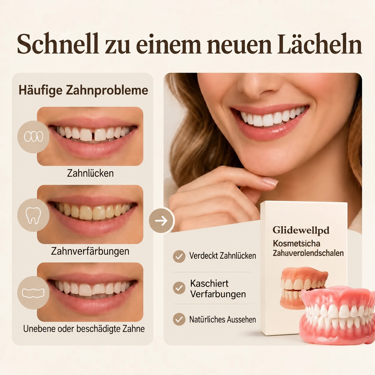 Bequemer, einteiliger, herausnehmbarer Zahnersatz, der passgenau sitzt und leicht zu reinigen ist.