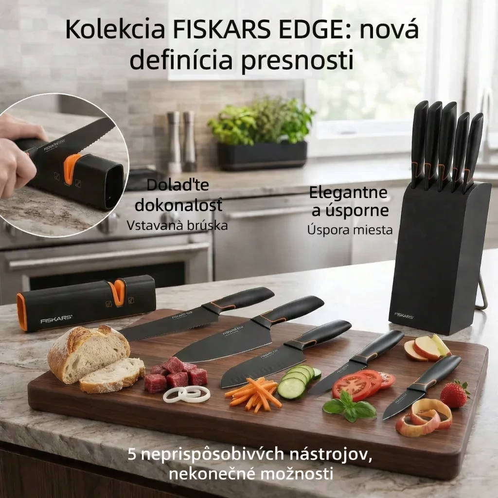 Limitovaná edícia: 5-dielna sada nožov FISKARS® s blokom – FISKARS EDGE, ostrý kuchynský nôž + brúska