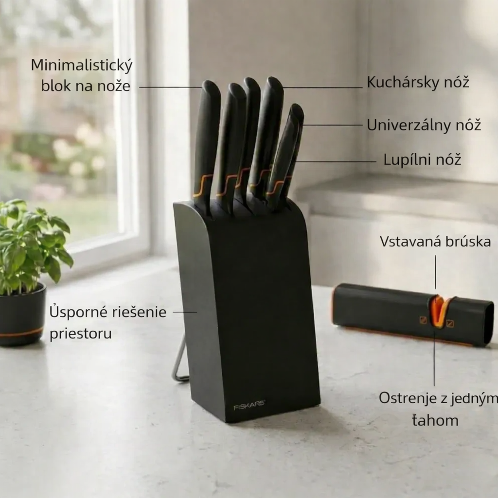 Limitovaná edícia: 5-dielna sada nožov FISKARS® s blokom – FISKARS EDGE, ostrý kuchynský nôž + brúska