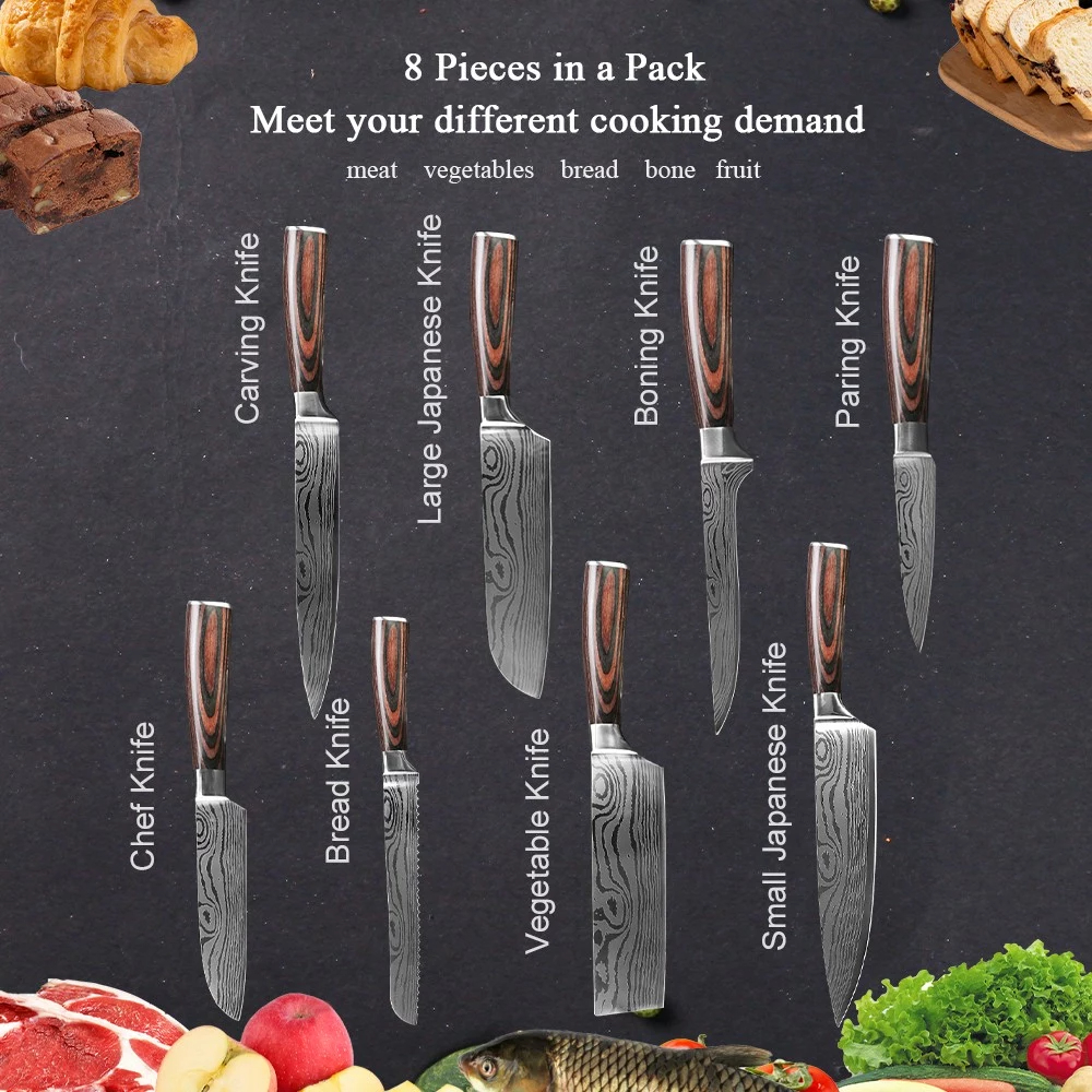 Set di coltelli da 8 pezzi Coltello da cucina Coltello in acciaio inossidabile